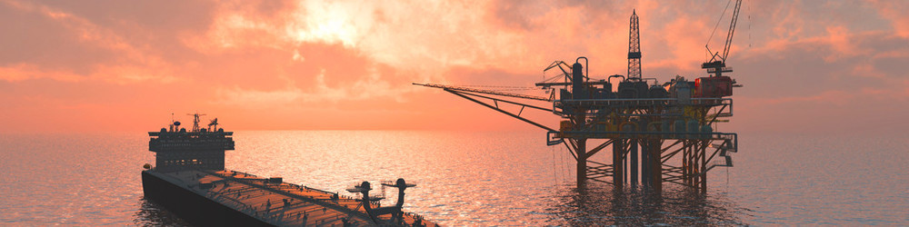 Offshore platform structure with tanker ship nearby